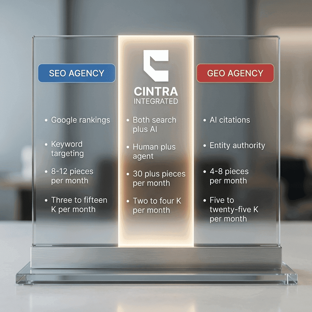 GEO agency vs SEO agency comparison — capabilities, pricing, and platform coverage