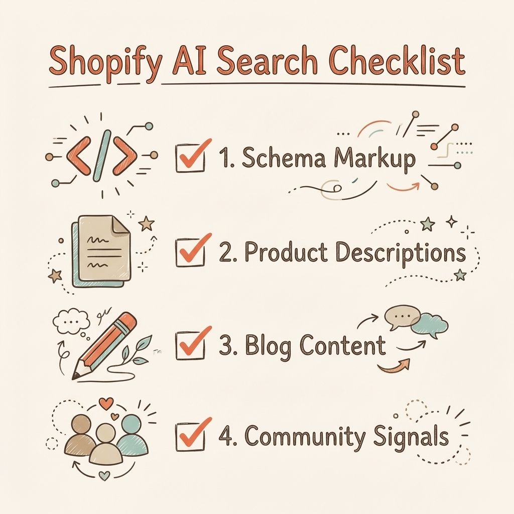 Optimize your Shopify store for AI search — schema, descriptions, and community signal checklist