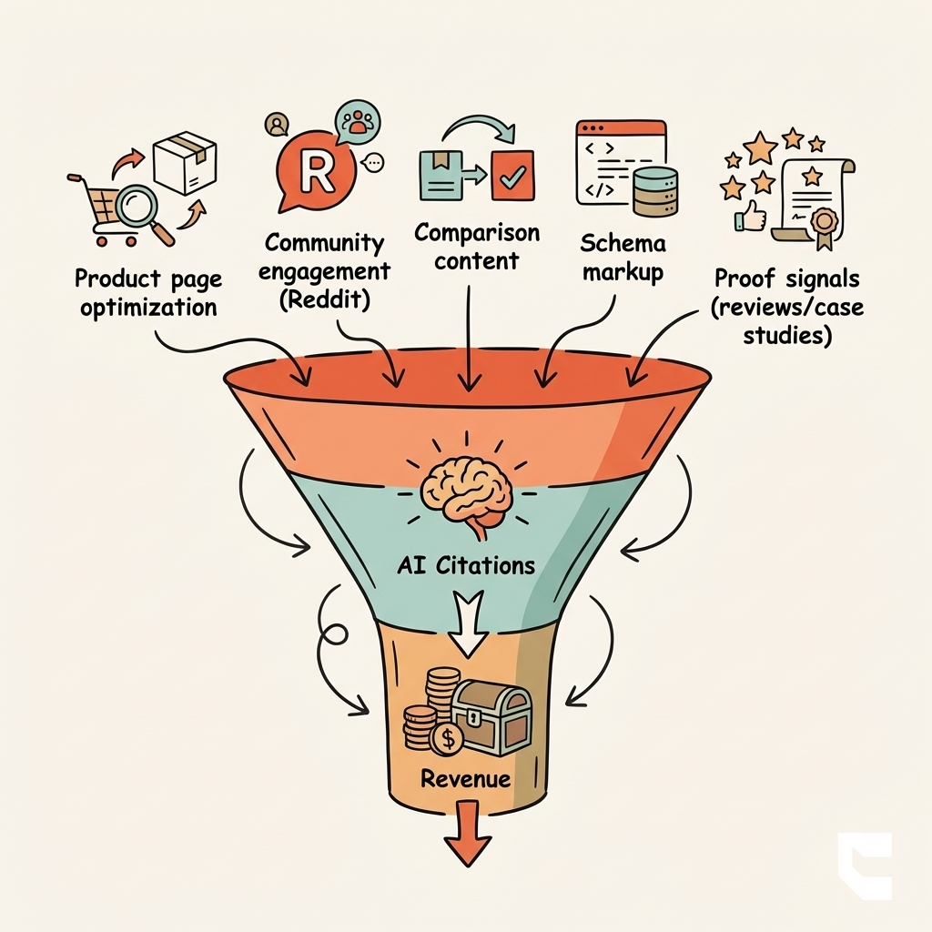 AI visibility for DTC brands — 5 strategies covering content, community, schema, comparisons, and proof