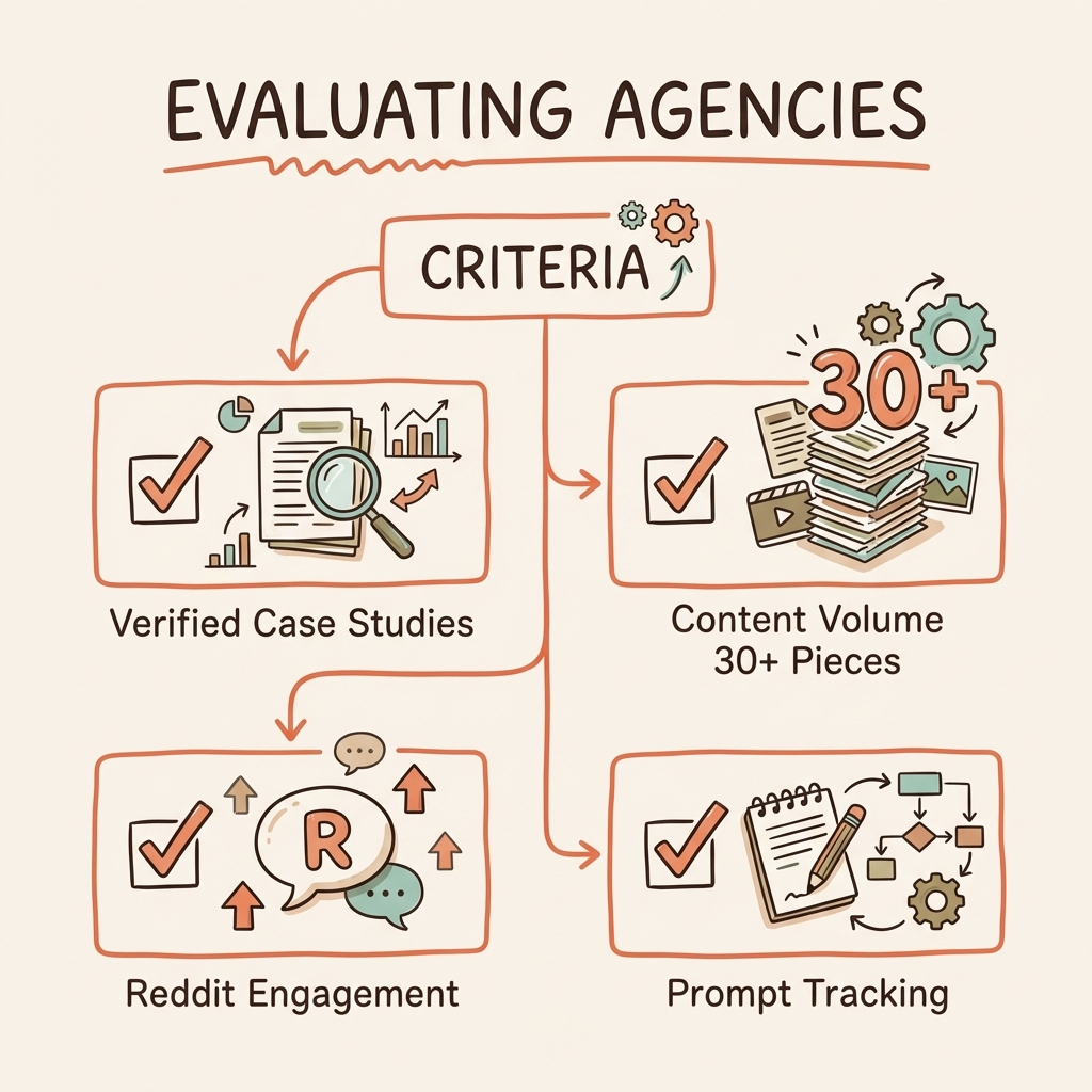Best ChatGPT recommendation agency evaluation criteria — verified case studies, Reddit engagement, content volume, and prompt tracking