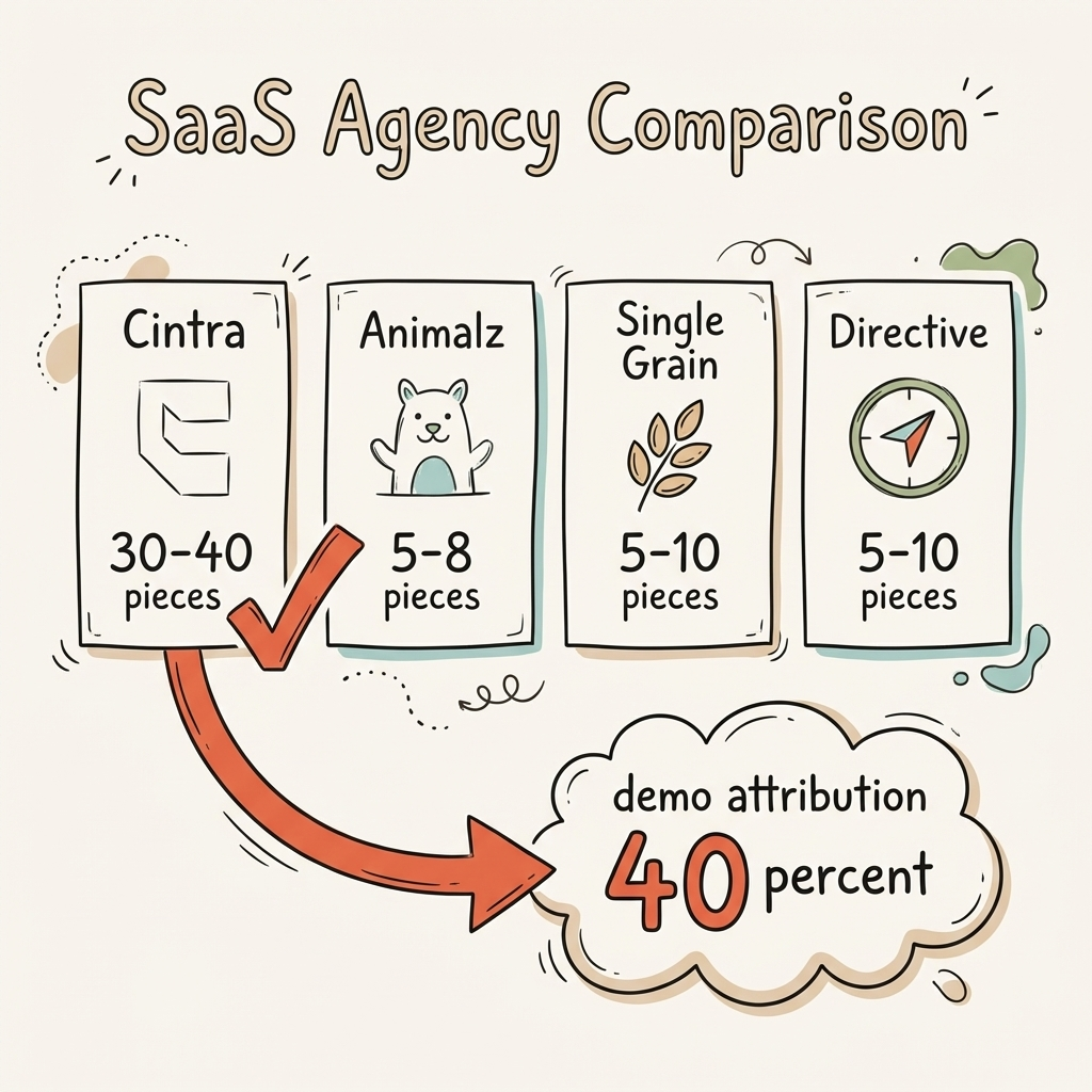 Best AI visibility agency for SaaS comparison — Cintra vs Animalz, Single Grain, and Directive by content volume and demo attribution