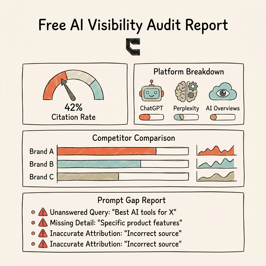 Free AI visibility audit — citation rates, competitor benchmarks, and prompt gap analysis