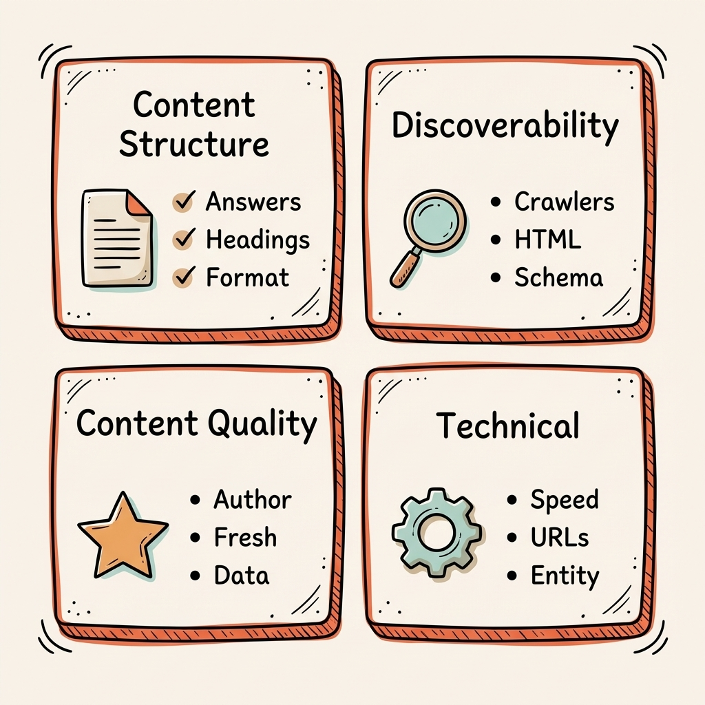 AEO checklist AI visibility four audit categories content structure discoverability quality technical