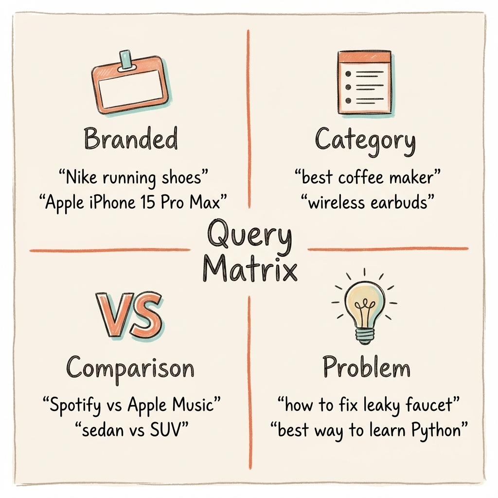AI brand monitoring query matrix with four categories branded category comparison and problem-solution queries