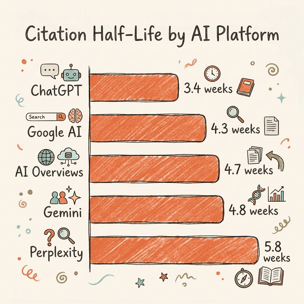 Cintra AI citation decay rates by platform showing ChatGPT fastest at 3.4 weeks and Perplexity slowest at 5.7 weeks