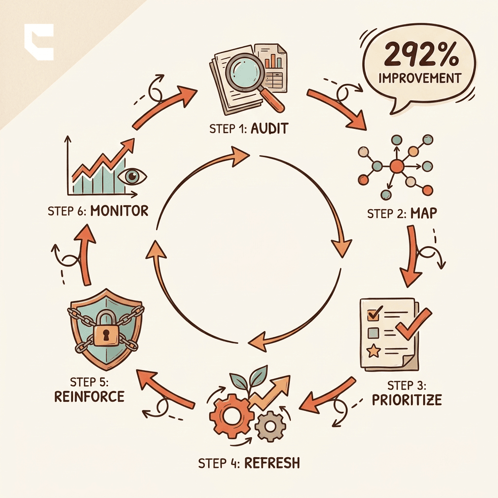 Cintra AI citation decay recovery framework showing six steps from audit to monthly monitoring