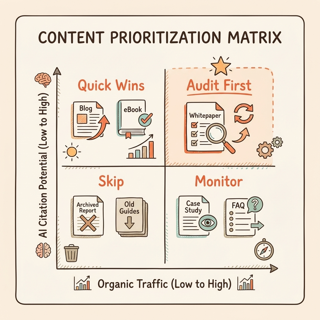 AI content audit prioritization matrix showing which pages to audit first based on traffic and citation potential