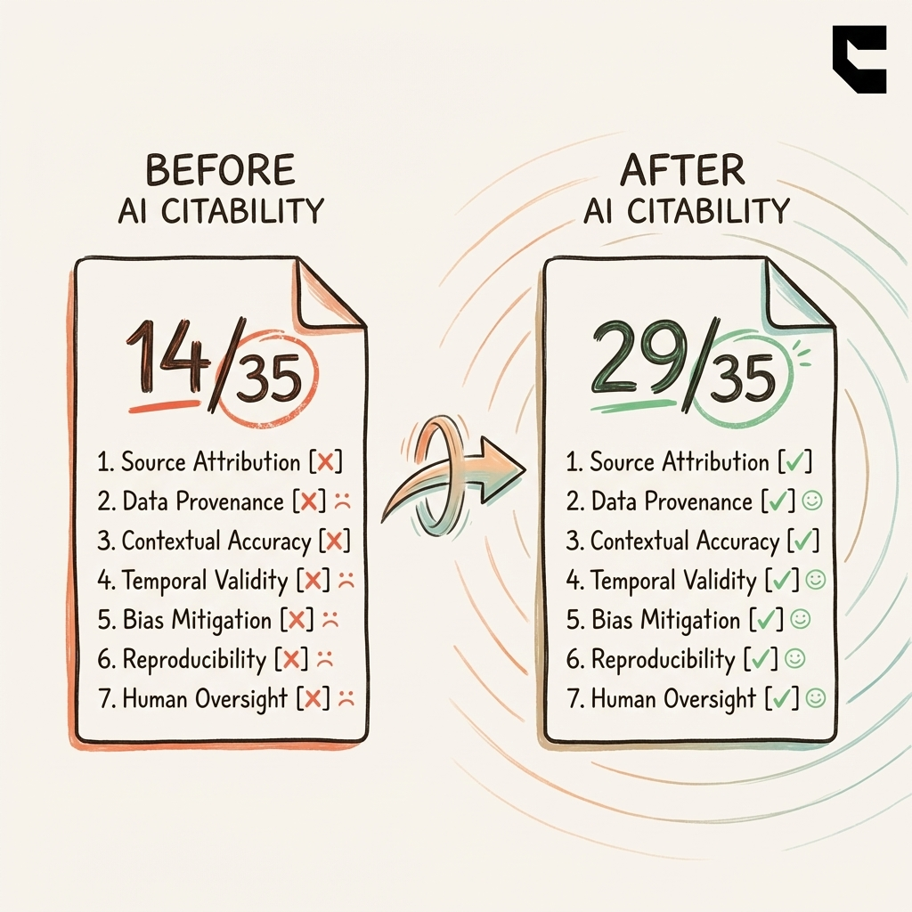 AI content audit before and after citability score comparison showing improvement from 14 to 29 out of 35
