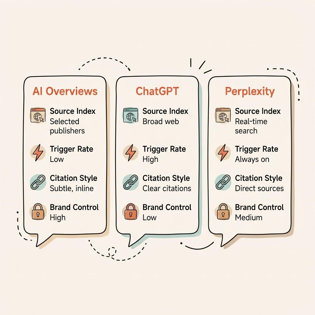AI Overviews vs ChatGPT vs Perplexity citation behavior comparison for brand visibility