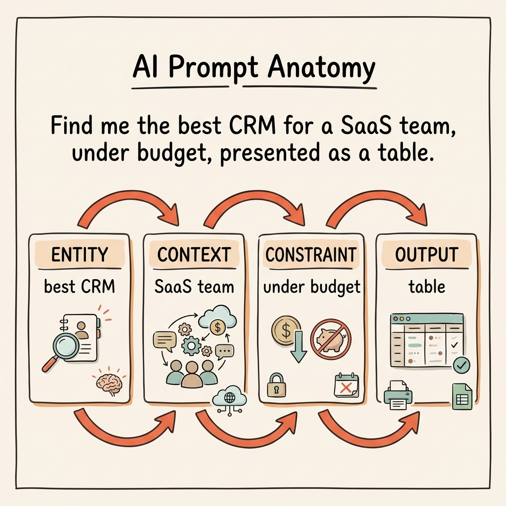 AI search prompt optimization anatomy showing entity, context, constraint, and output components