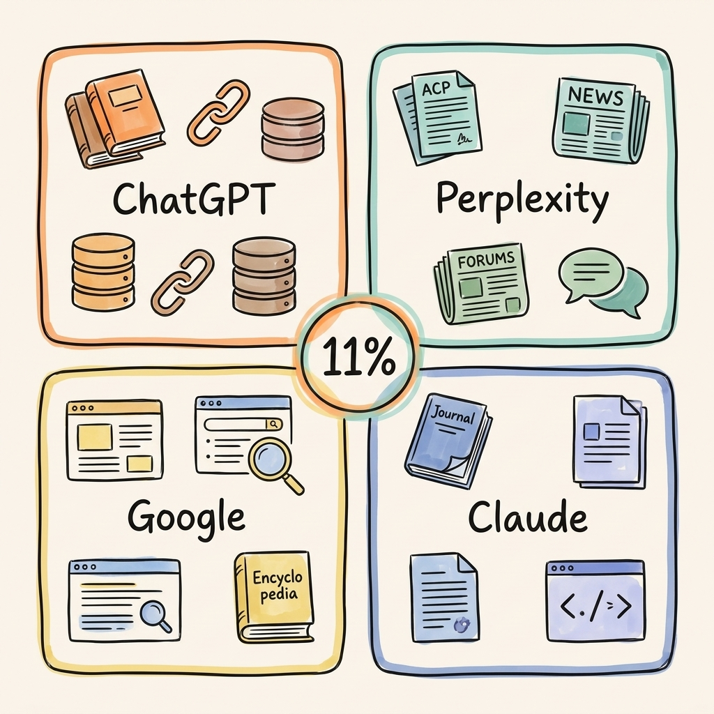 AI search prompt optimization platform comparison showing 11% citation overlap between ChatGPT and Perplexity