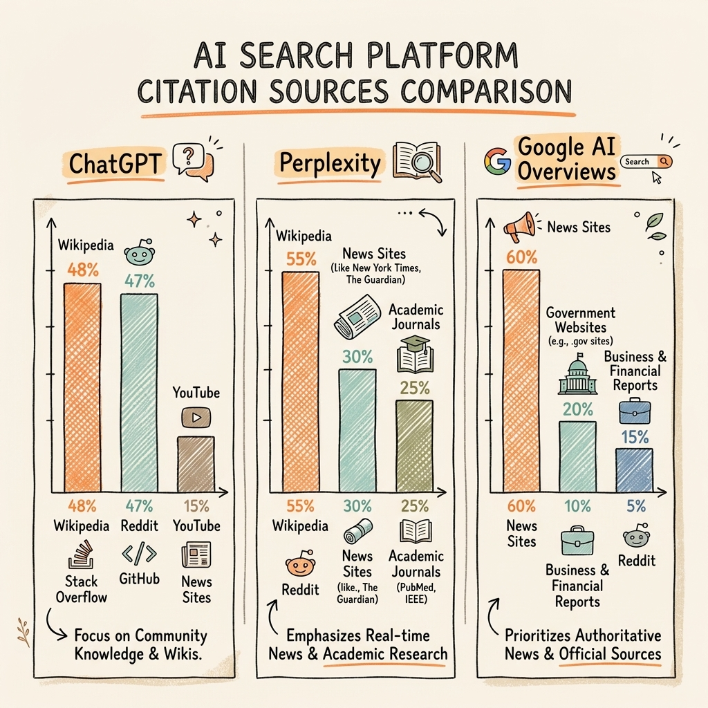 AI search statistics 2026 platform comparison showing ChatGPT, Perplexity, and AI Overviews citation sources