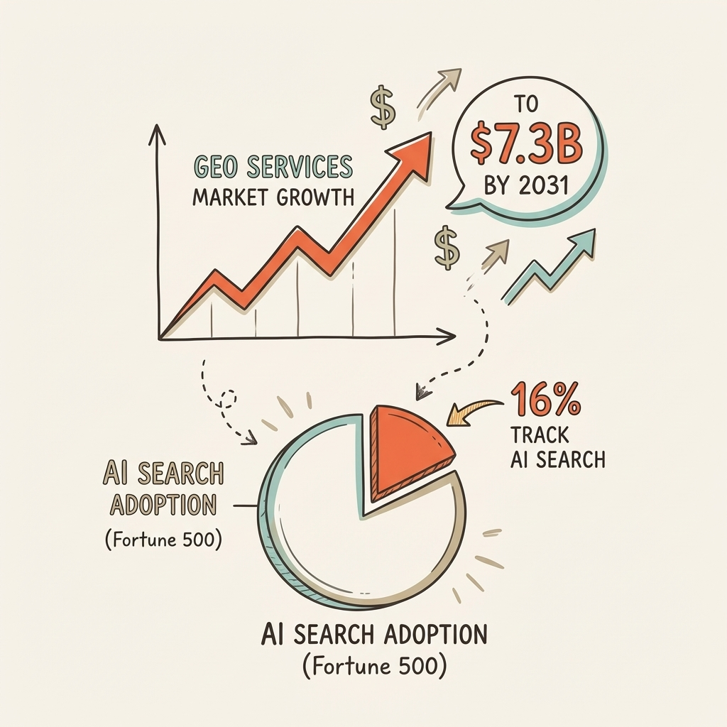 AI search statistics 2026 GEO market growth projection and Fortune 500 AI search tracking adoption