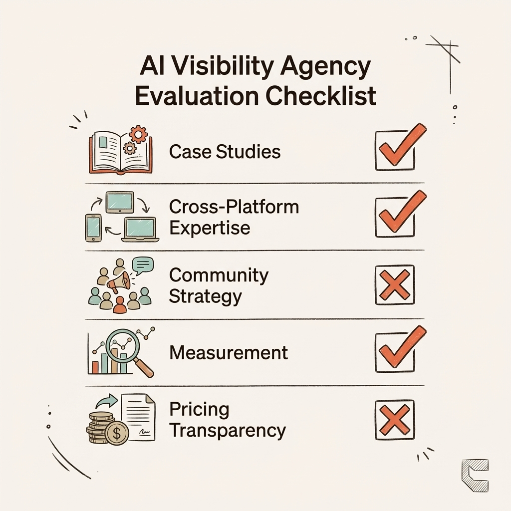 Cintra AI visibility agency evaluation checklist with five criteria for choosing a GEO agency