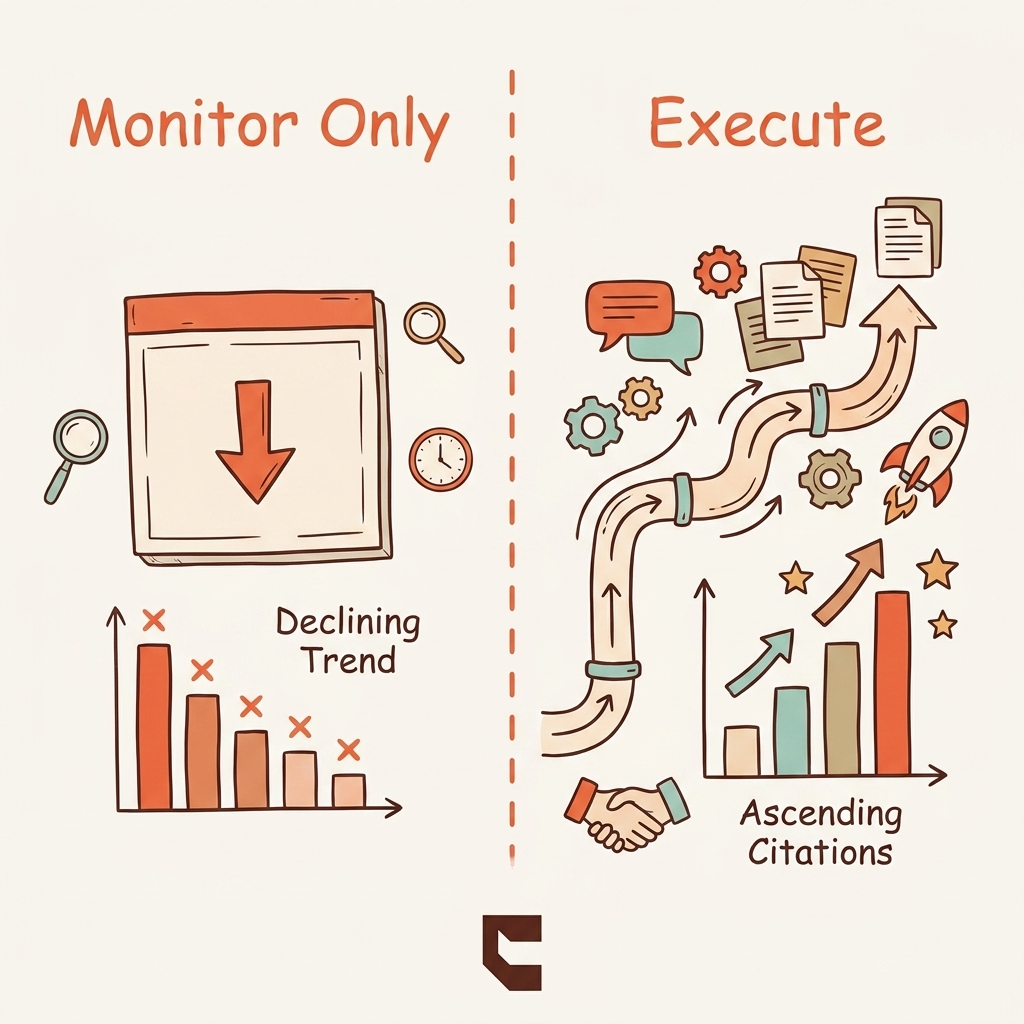 Cintra AI visibility for agencies dashboard-only vs execution comparison showing client retention impact