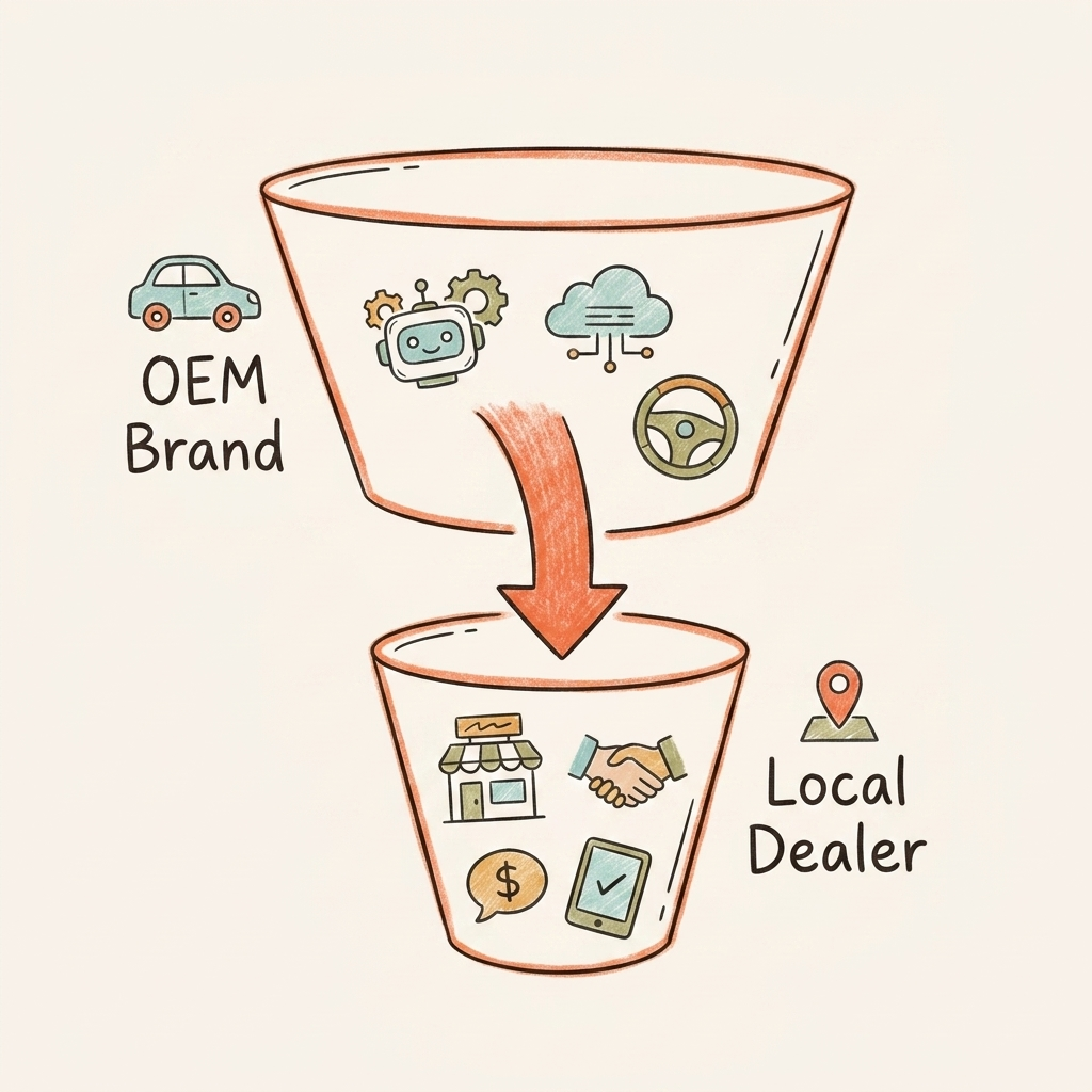 AI visibility for automotive two-layer funnel showing OEM brand comparison vs local dealer discovery