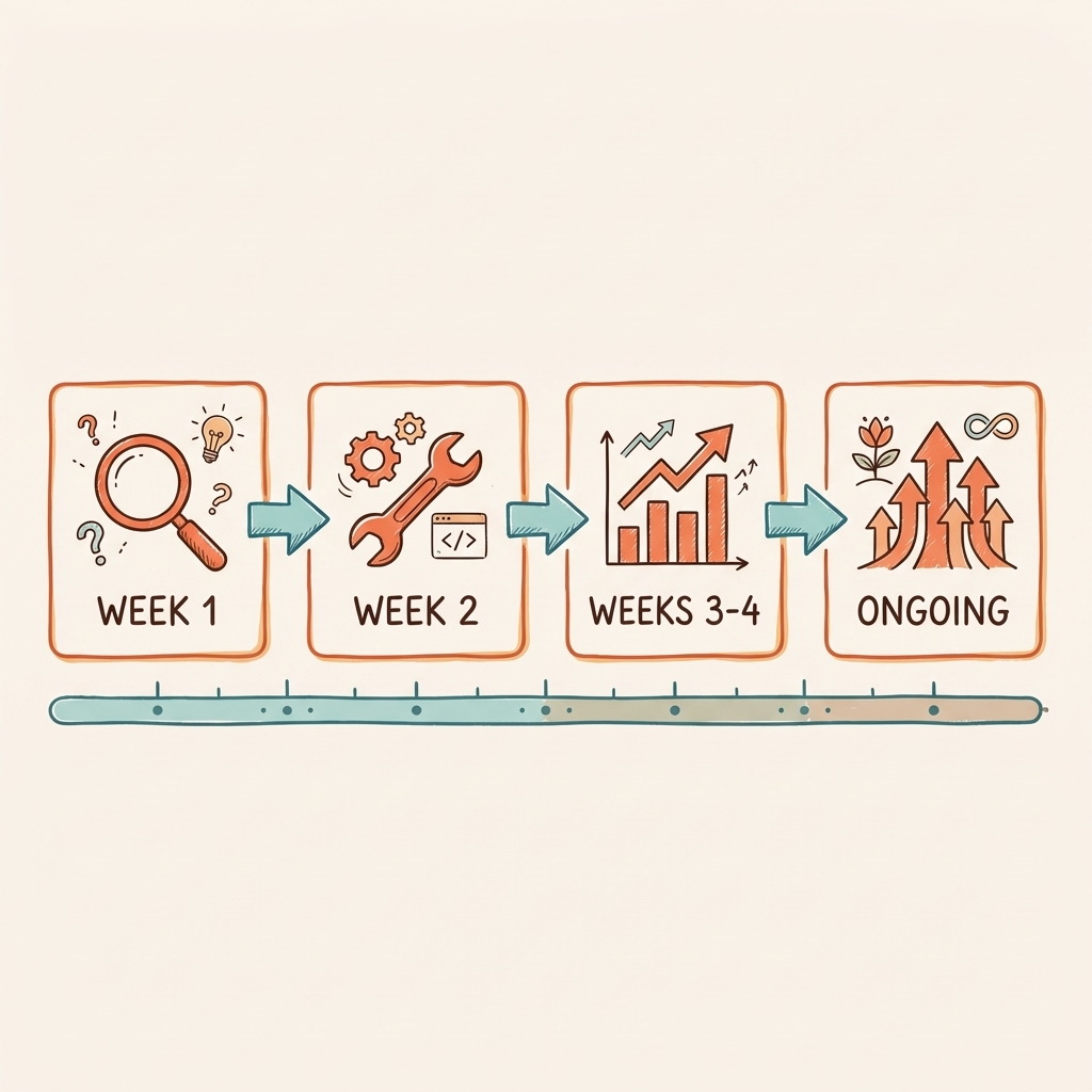 AI visibility for education 30-day quick-start roadmap showing audit fix optimize and authority building phases