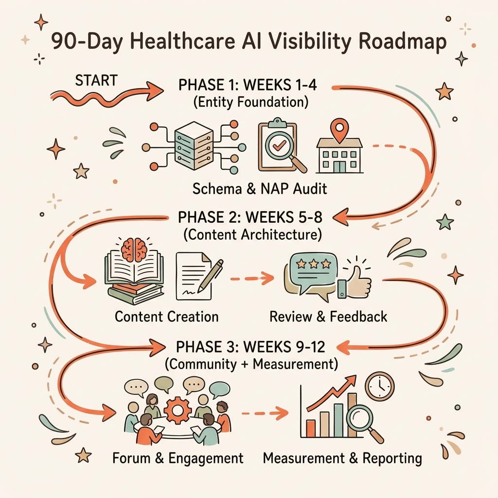 Cintra healthcare AI visibility 90-day roadmap showing three implementation phases