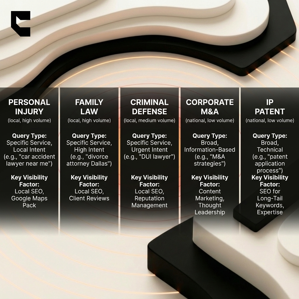 Cintra AI visibility for law firms practice area comparison personal injury family law criminal defense corporate IP