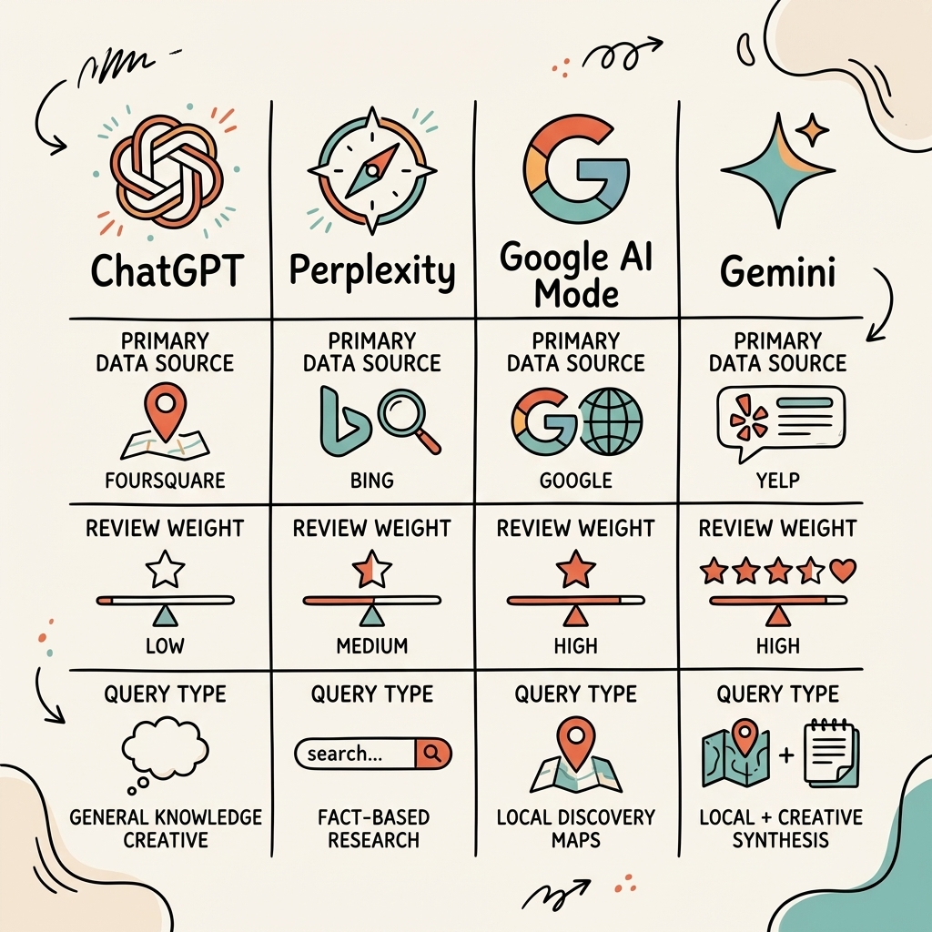 Cintra AI visibility for local businesses: platform matrix comparing ChatGPT, Perplexity, Google AI Mode, and Gemini data sources