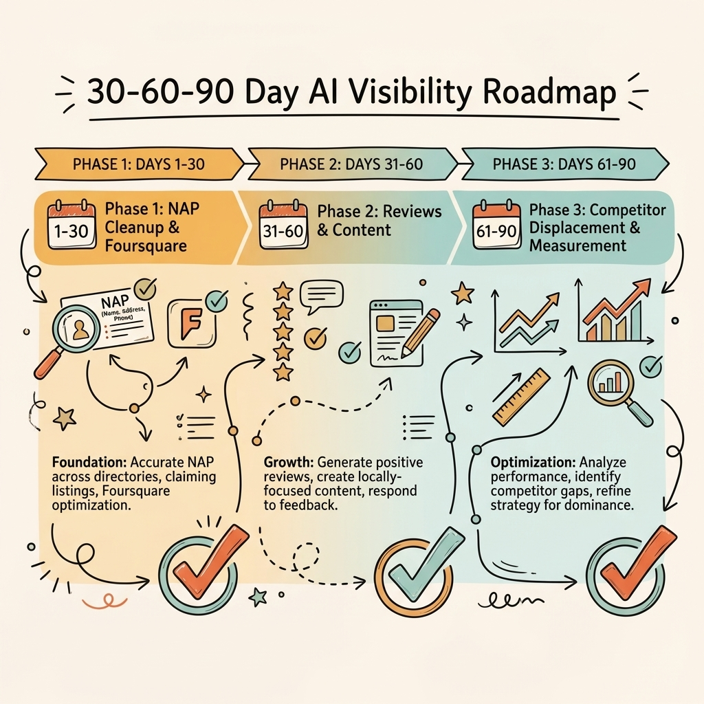 Cintra AI visibility for local businesses: 30-60-90 day roadmap covering NAP cleanup, review building, and competitor displacement