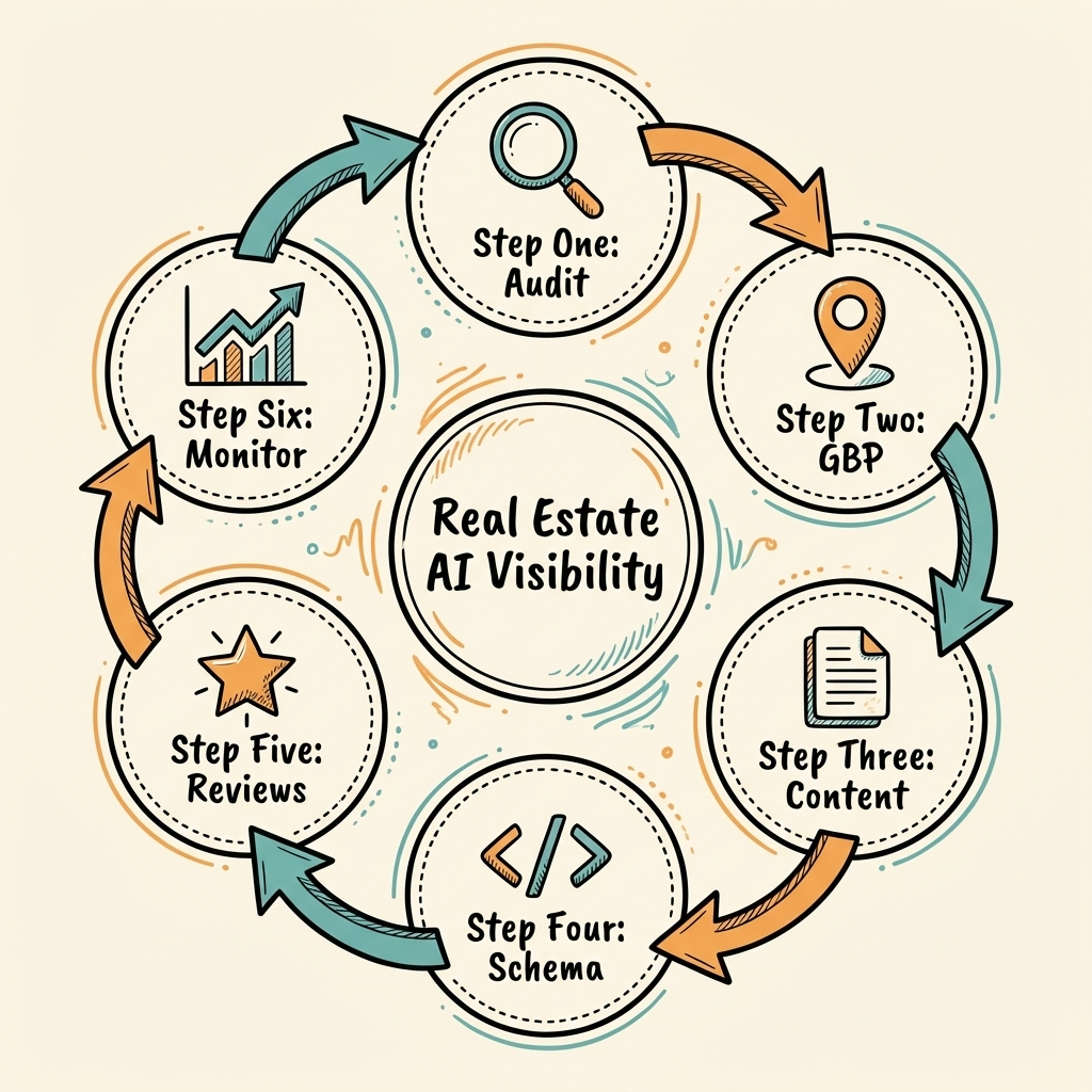 Cintra AI visibility for real estate six-step framework showing audit, GBP, content, schema, reviews, and monitoring cycle