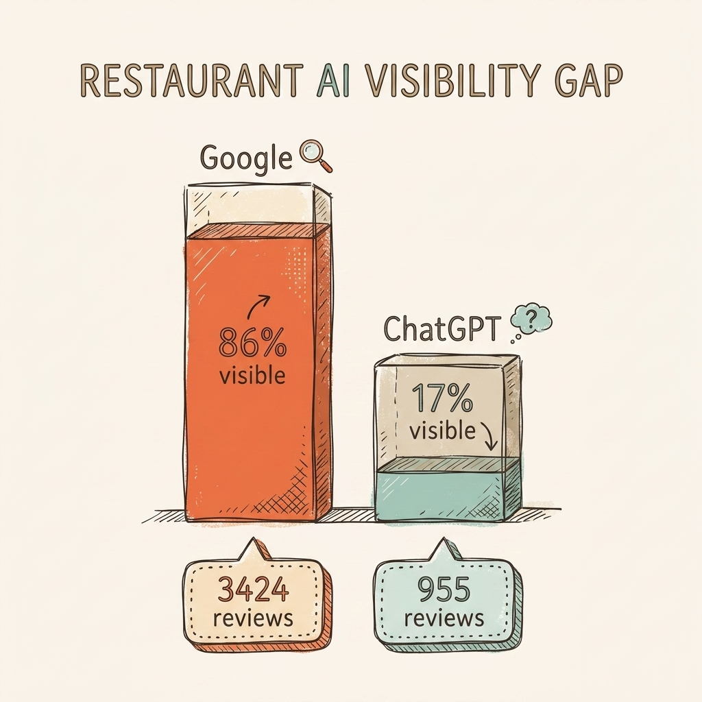 AI visibility for restaurants showing gap between Google and ChatGPT with review volume comparison
