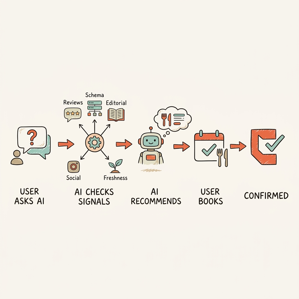 AI visibility for restaurants recommendation pipeline from discovery to booking with five visibility signals