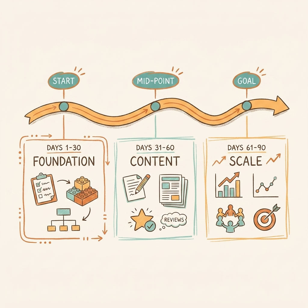 AI visibility for travel 90-day roadmap showing foundation content and scale phases