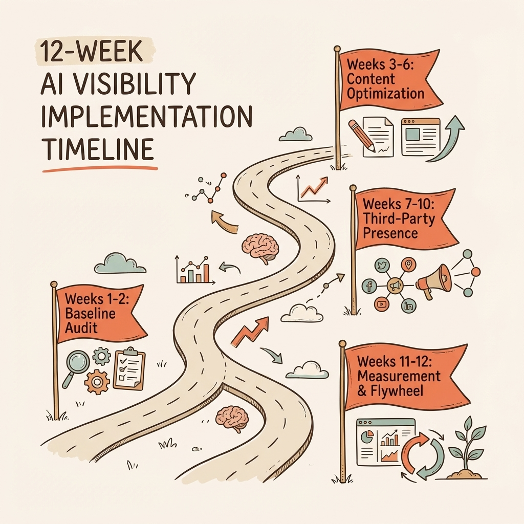AI visibility playbook 90-day implementation timeline with four phases and weekly milestones