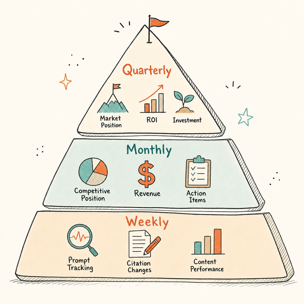 Cintra AI visibility reporting three-audience framework pyramid showing tactical weekly, operational monthly, and strategic quarterly tiers