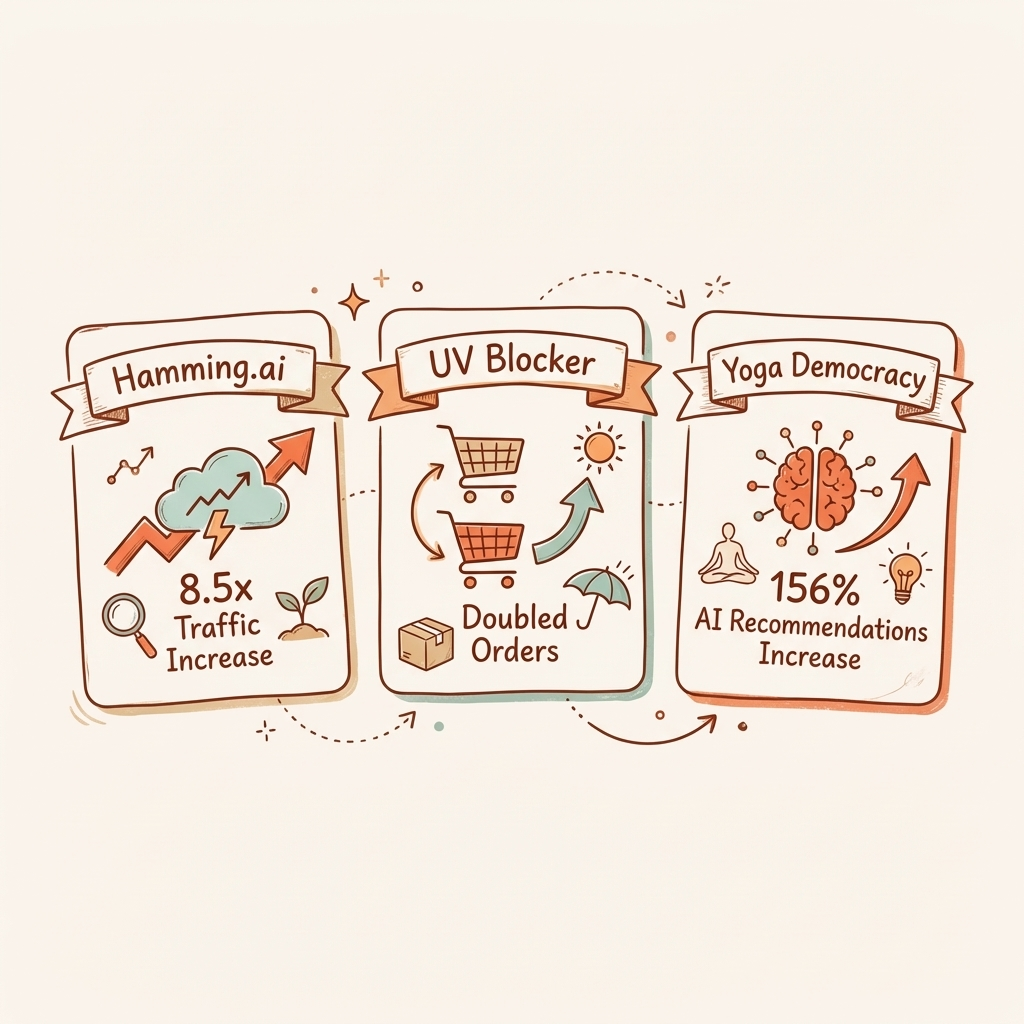 Cintra AI visibility ROI case study results showing Hamming.ai, UV Blocker, and Yoga Democracy outcomes