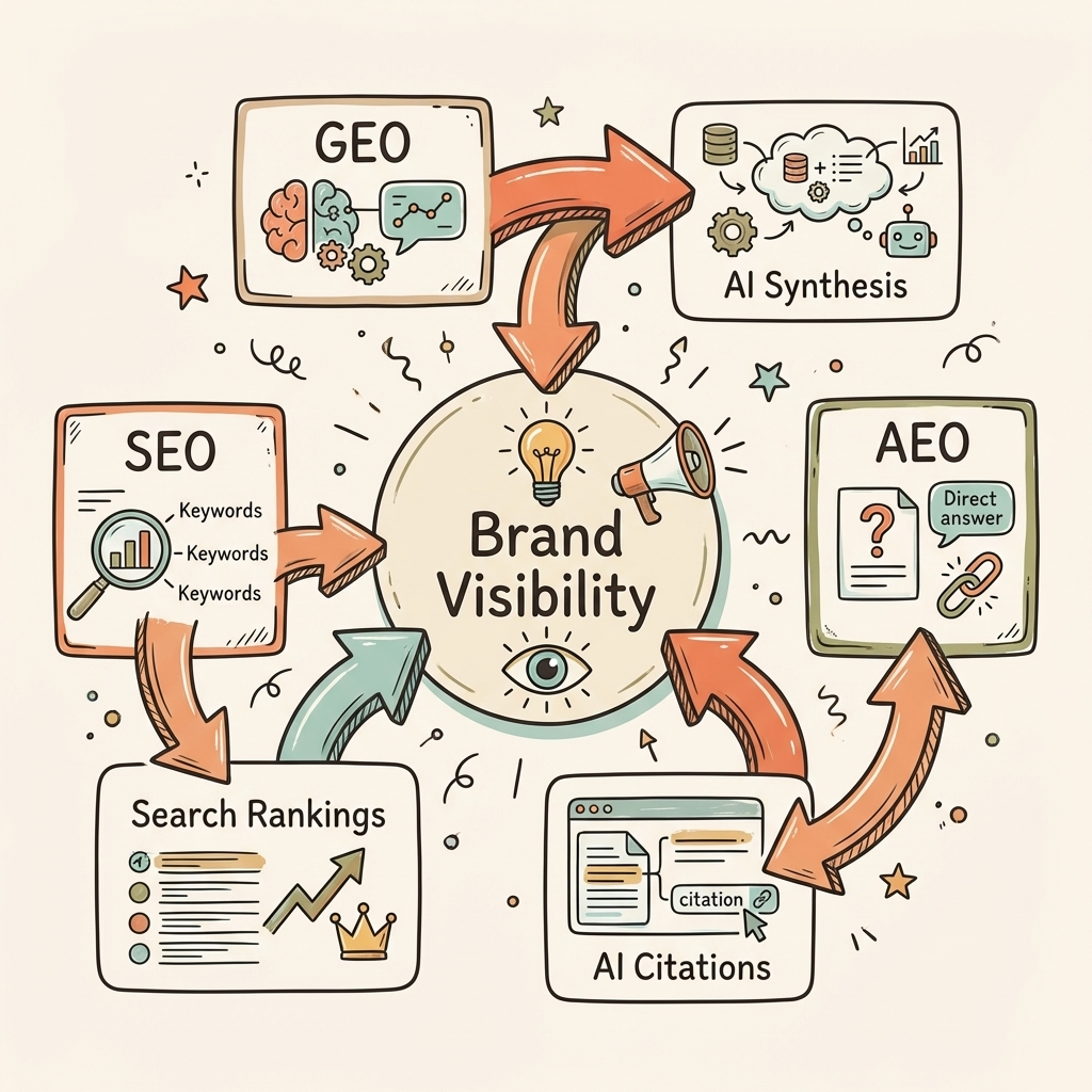 Cintra answer engine optimization vs GEO vs SEO comparison showing how each discipline targets different outcomes