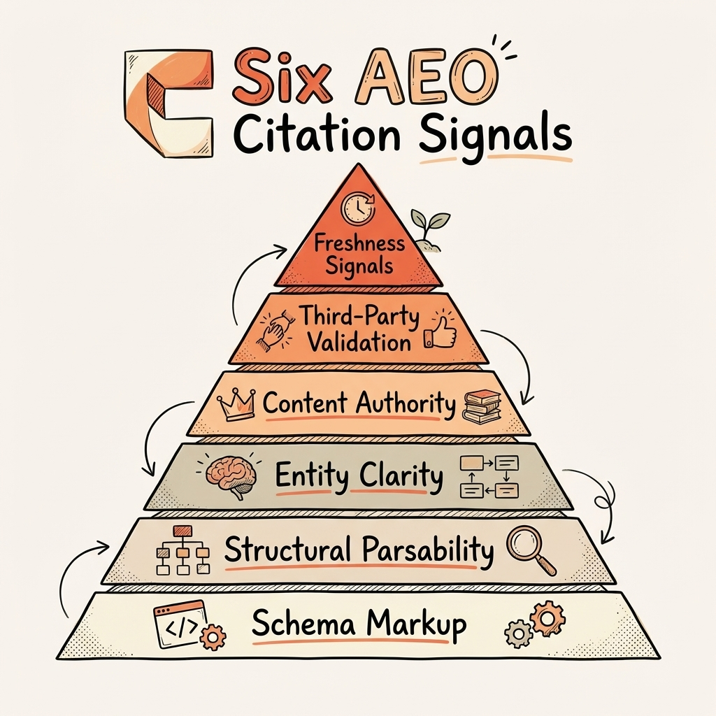 Cintra answer engine optimization framework showing the 6 signals that determine AI citation outcomes