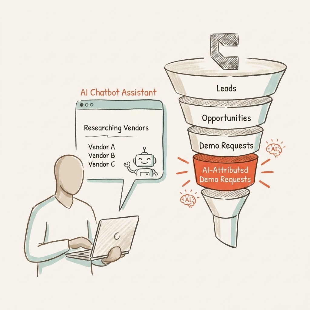 Best AI visibility agencies for B2B: enterprise buyer researching vendors through AI assistant, deal pipeline visualization, doodly illustration style