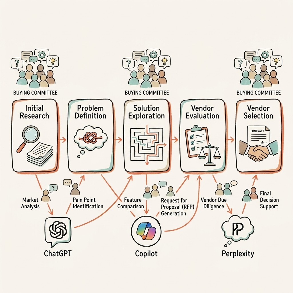 B2B thought leadership content being cited by multiple AI platforms including ChatGPT and Microsoft Copilot, hand-drawn style, warm orange and cream