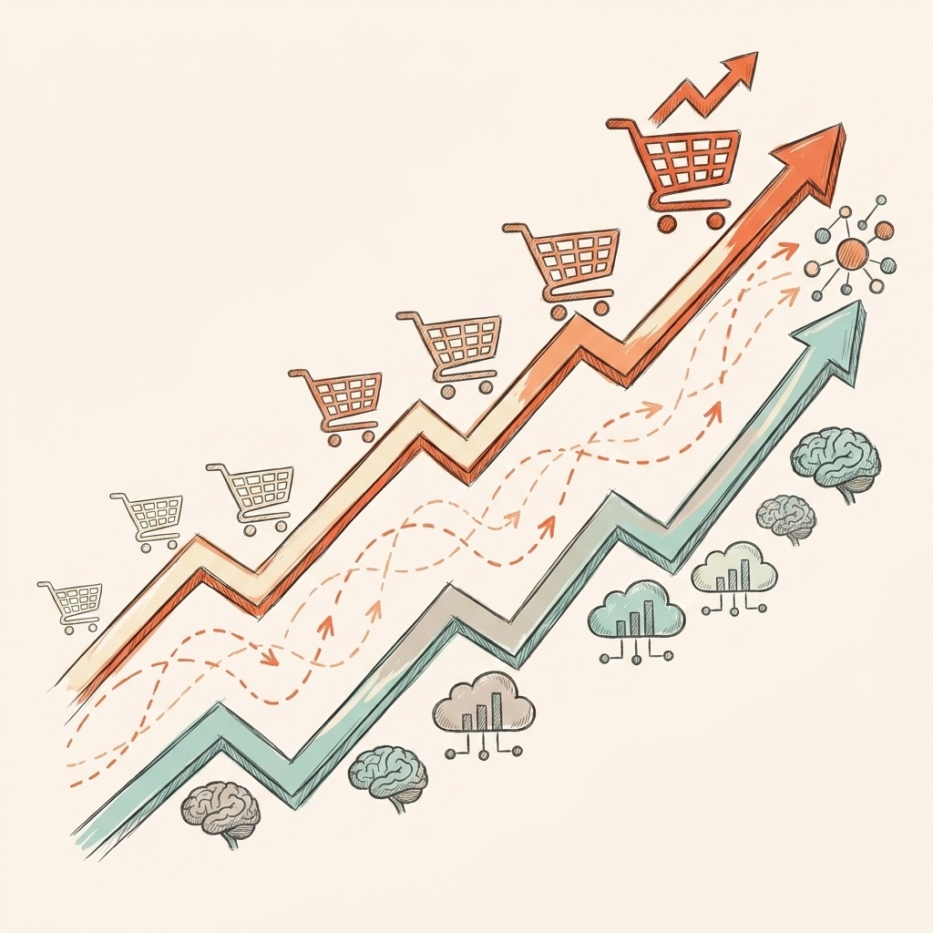DTC customer journey through AI shopping platforms showing discovery to purchase flow, hand-drawn illustration style, coral and cream palette
