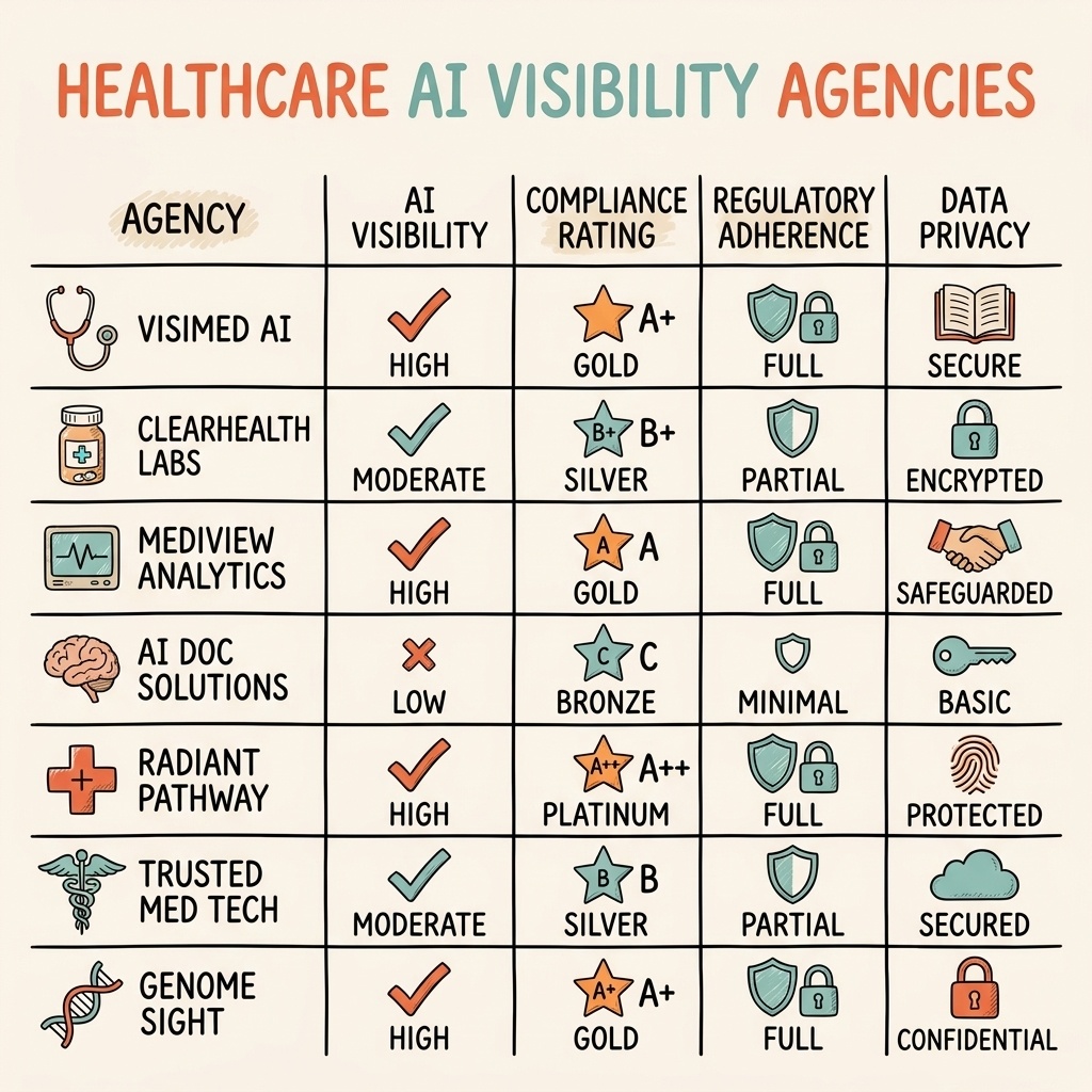 Best AI visibility agencies for healthcare comparison showing compliance ratings and platform coverage