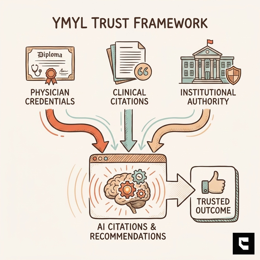 YMYL trust framework for healthcare AI visibility showing E-E-A-T signals driving AI citations