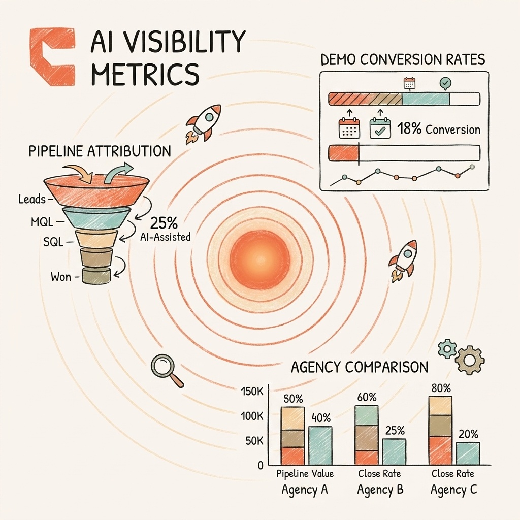 Best AI visibility agencies for SaaS: pipeline attribution dashboard showing demo conversion metrics, doodly illustration style, warm orange on cream