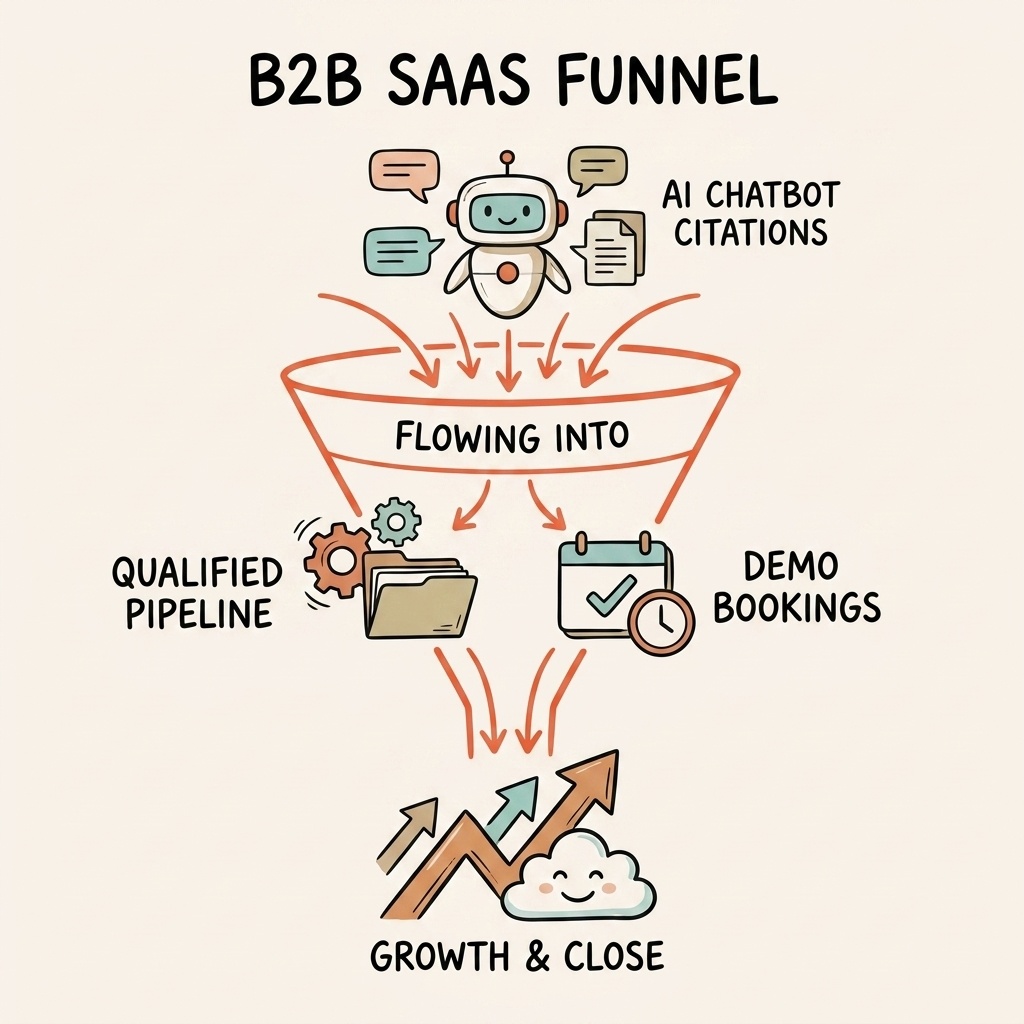 B2B SaaS funnel diagram with AI chatbot citations flowing into qualified pipeline, hand-drawn illustration style, warm orange and cream palette