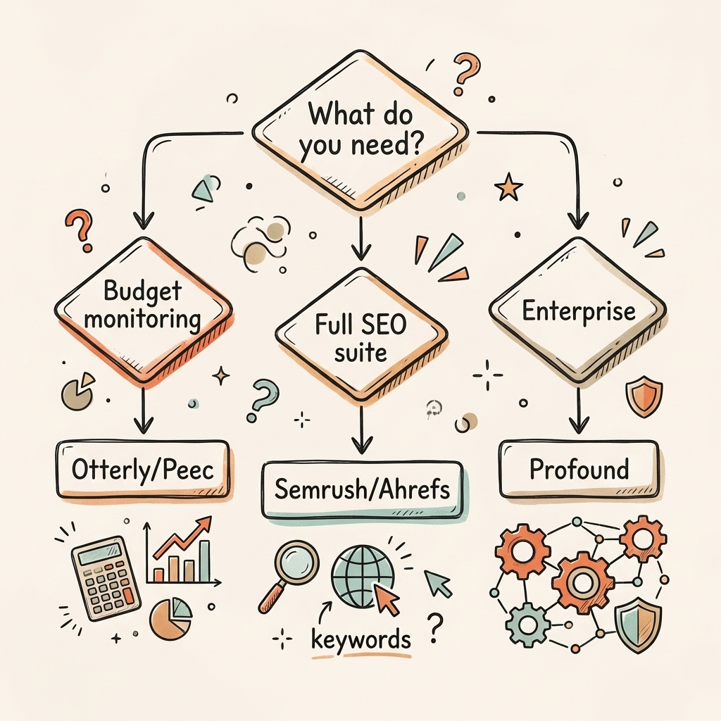AI visibility tool decision flowchart helping teams choose the right tool based on budget, team type, and needs