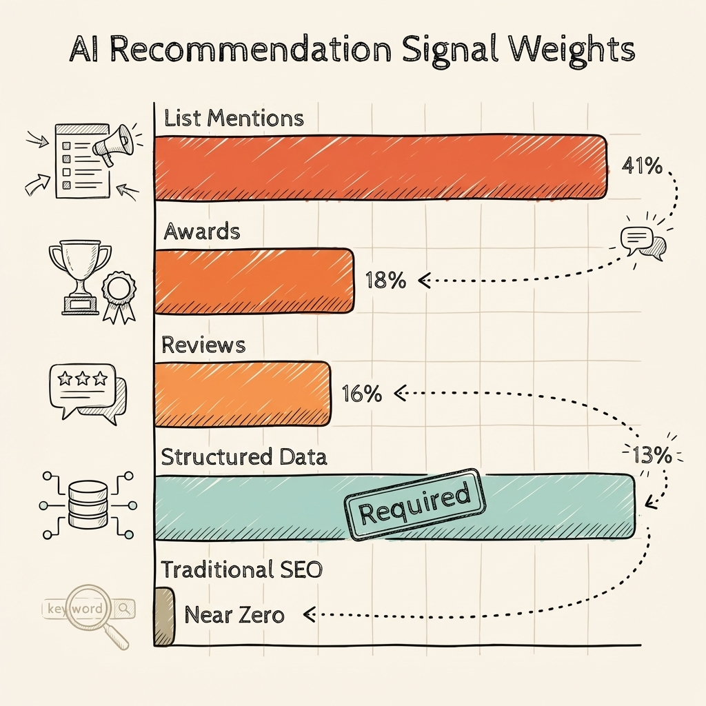 ChatGPT product recommendation signals showing authority list mentions reviews and structured data influence
