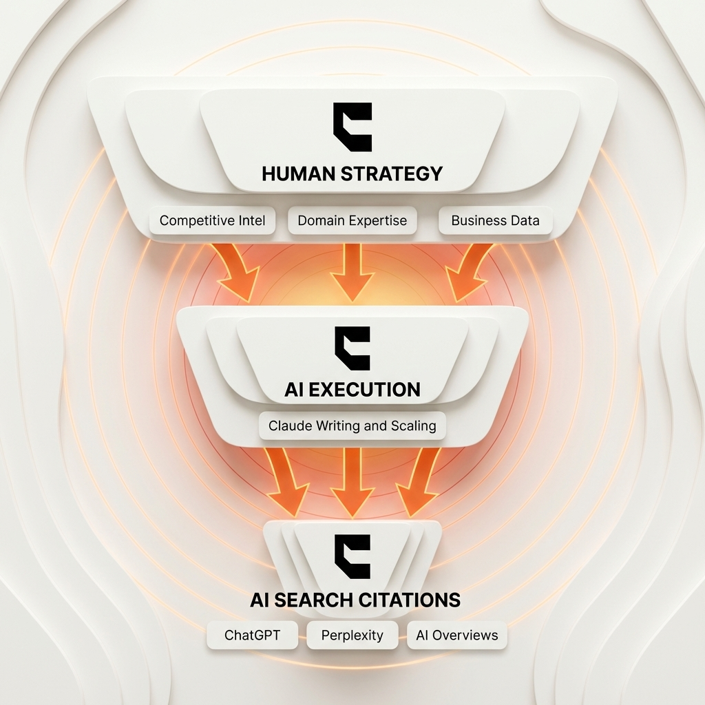 Cintra answer engine optimization pipeline diagram showing human strategy feeding AI execution to achieve AI search citations