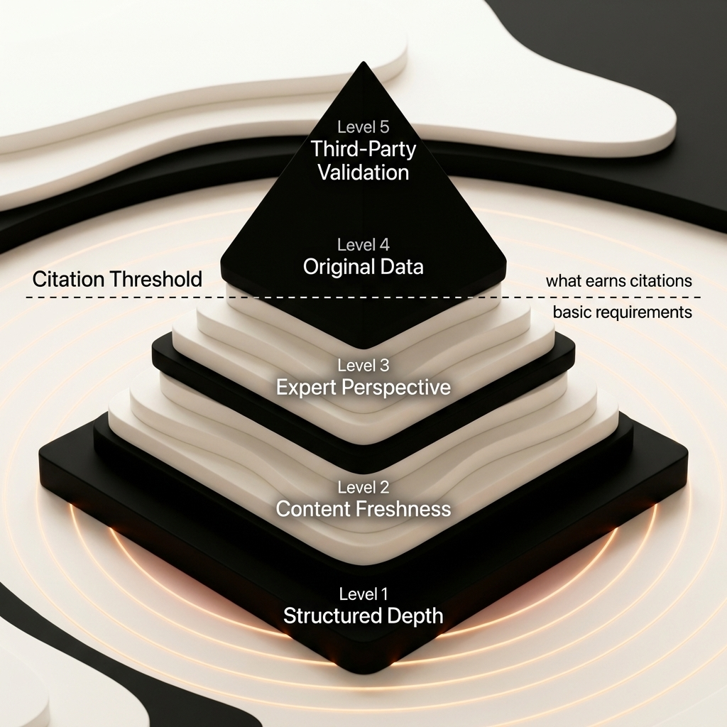 Cintra AI citation threshold framework pyramid showing five requirements for cited content