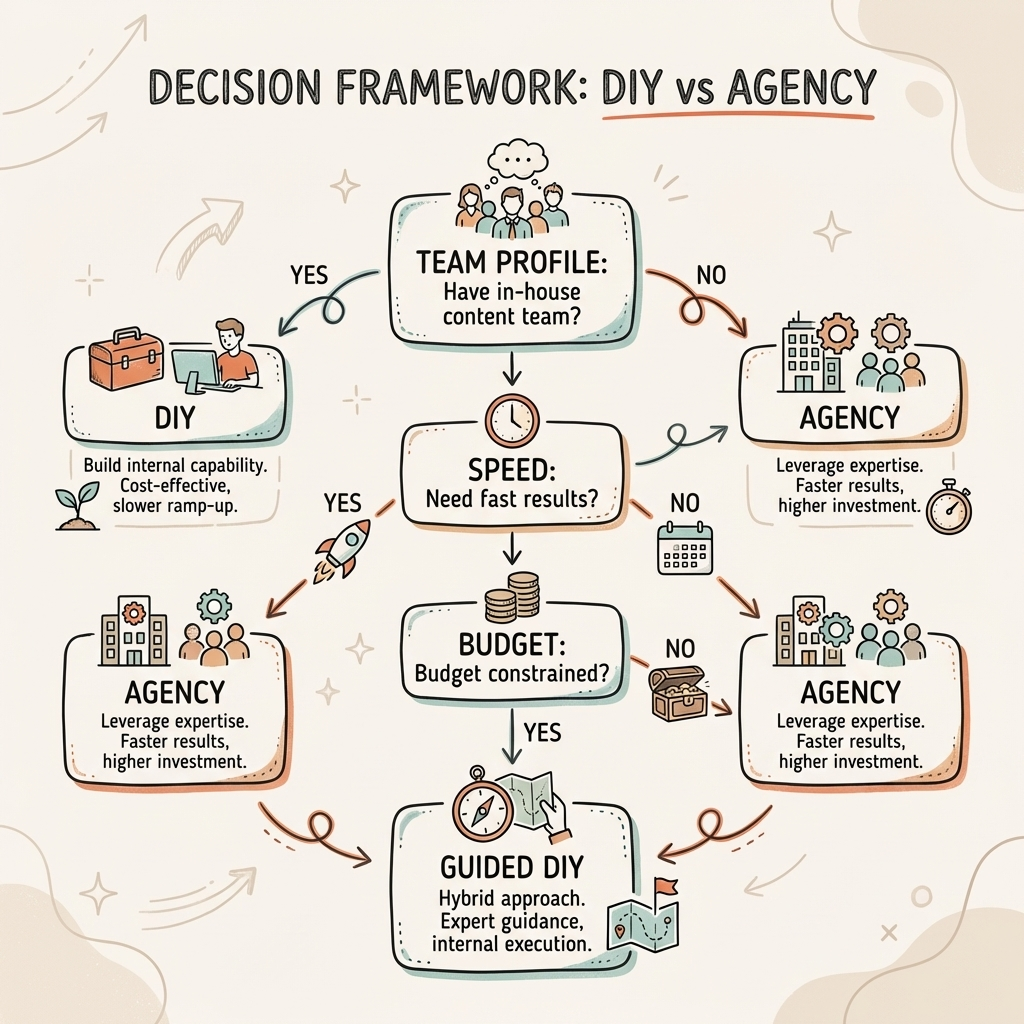 Cintra AI visibility decision framework flowchart for choosing between DIY and agency approaches