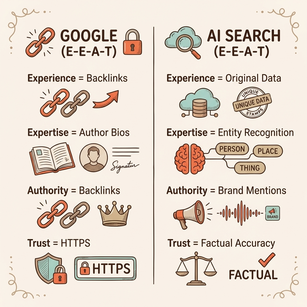 E-E-A-T for AI search comparison of Google signals versus AI citation signals