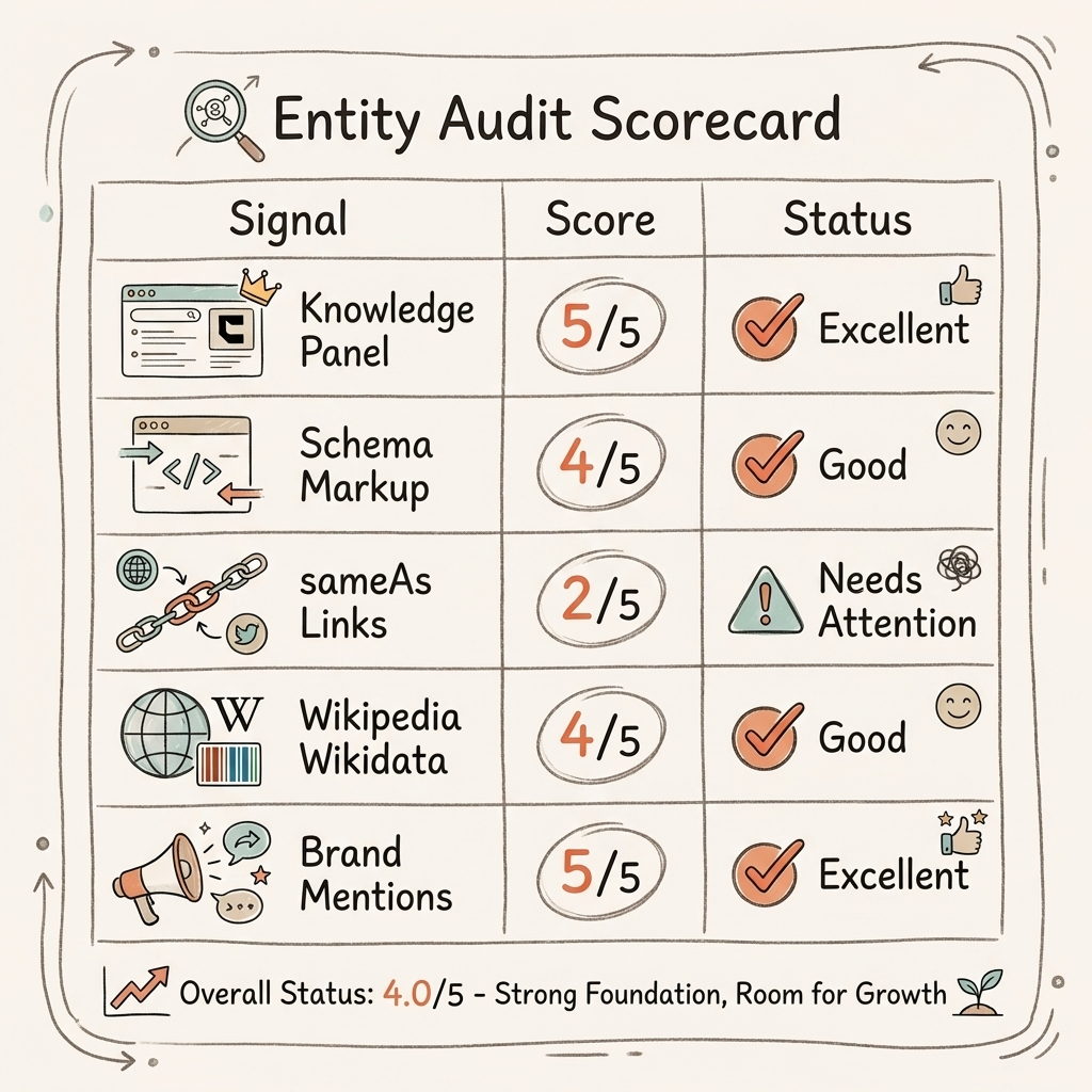 Cintra entity SEO audit scorecard showing five brand entity signals scored on a 0-5 scale for AI search visibility assessment