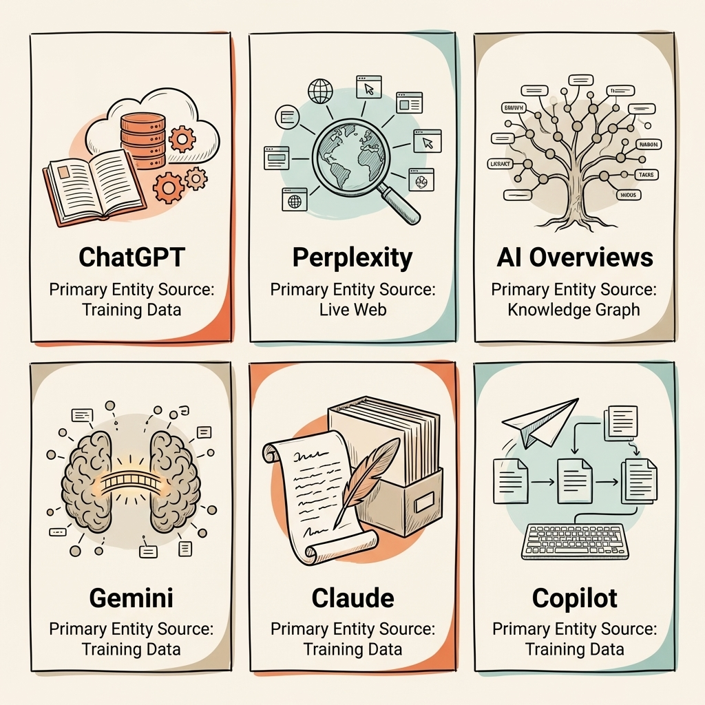 Cintra entity SEO for AI search platform comparison showing how ChatGPT, Perplexity, AI Overviews, Gemini, Claude, and Copilot use entity signals differently