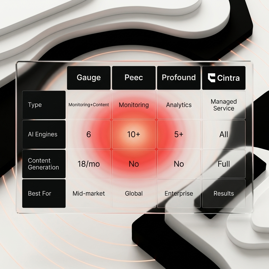 Cintra Gauge review comparison Peec Profound Cintra AEO platforms